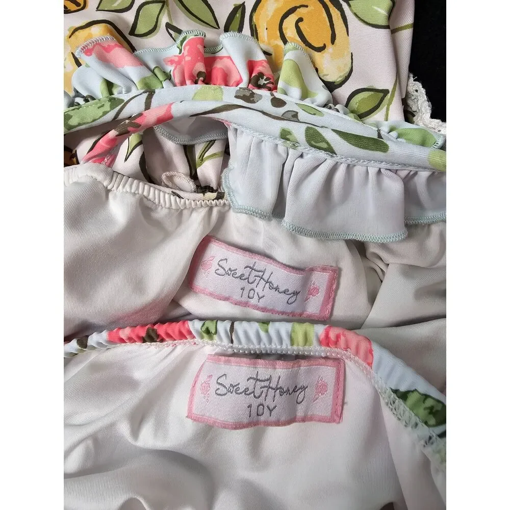 SweetHoney Kids Floral Swim Two Piece Ruffle Tank Set Bundle 10Y